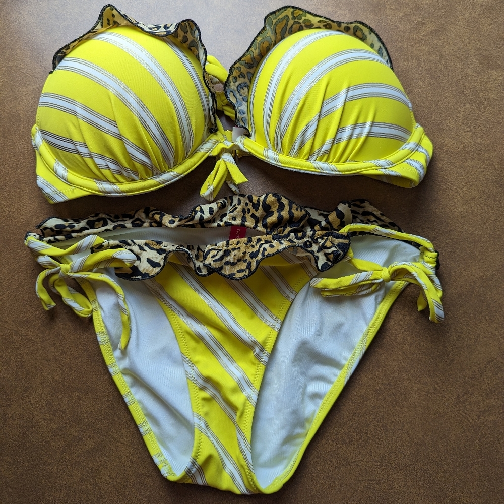 Yellow Striped Women's Bikini Set with Leopard Trim